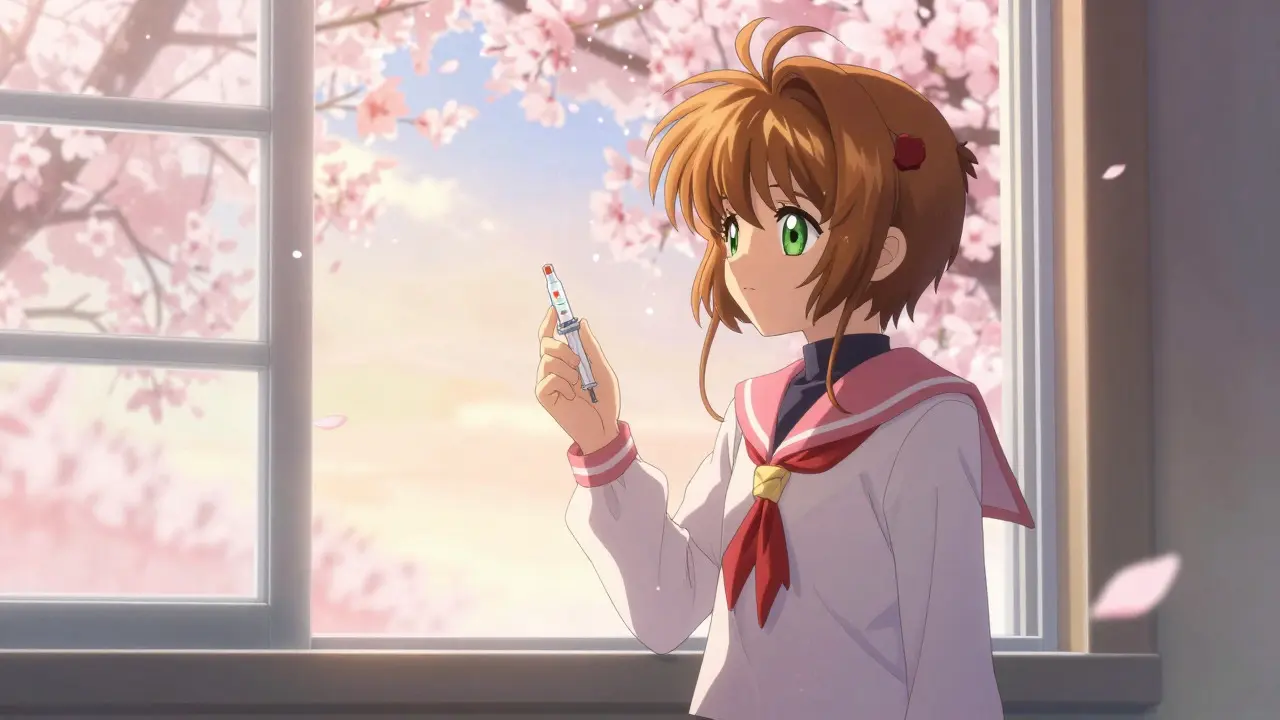 Anime character injecting medication in serene morning light