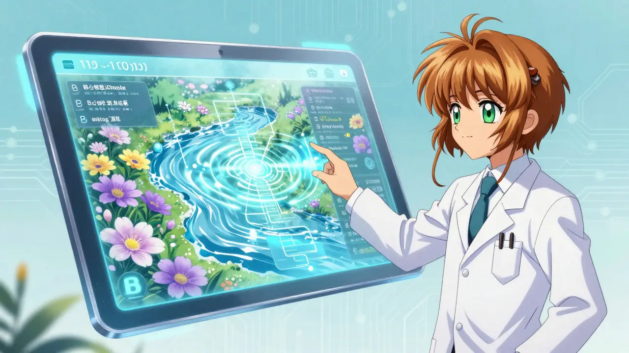 Anime character interacting with a magical digital interface showing drug equivalence data.