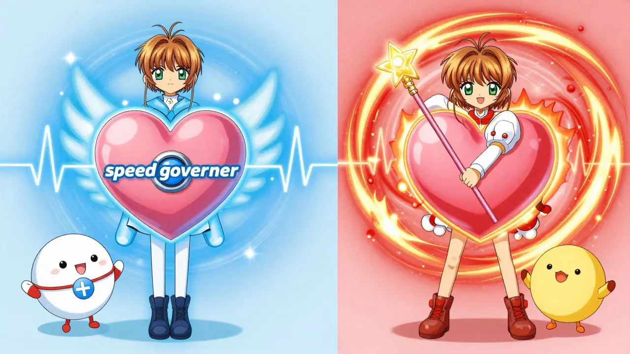 Anime scene contrasting calm rate control with active rhythm control using magical charms and colors.