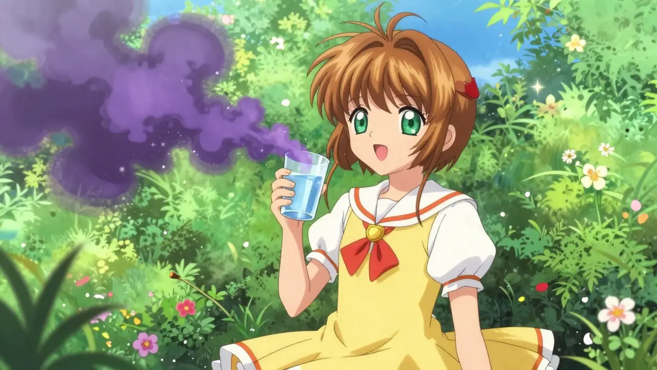 Anime woman recovering in a sunny garden with fading shadows