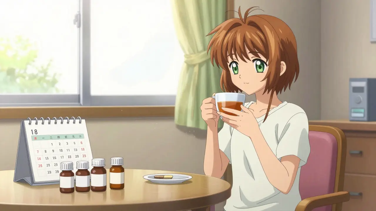 Anime woman relaxing with tea and medication, feeling relief