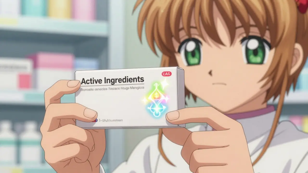 Close-up of hands examining a medicine label with magical glowing highlights on ingredients.