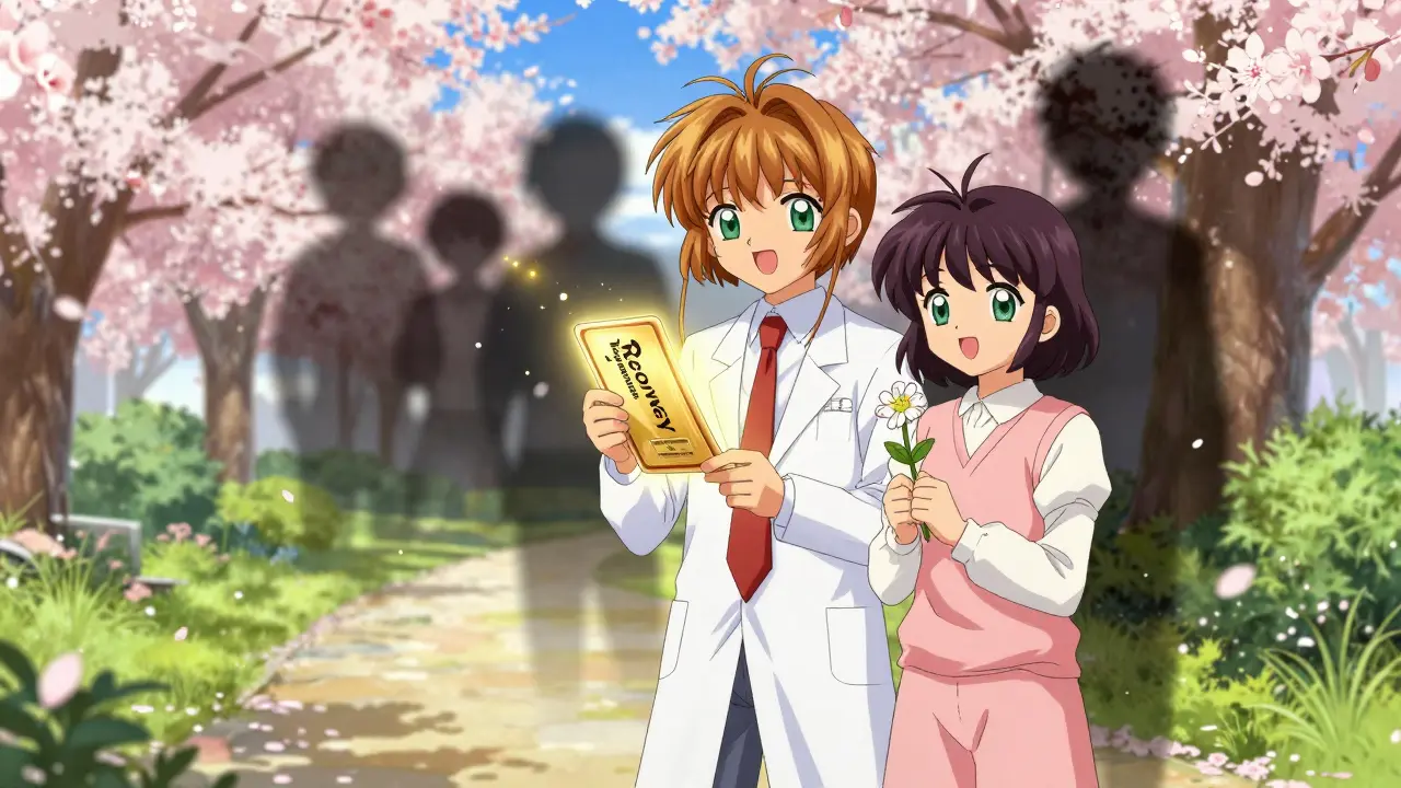 Doctor and patient walking in a sunny garden, symbols of healing and recovery floating around.