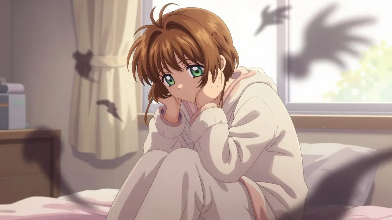 Exhausted anime woman surrounded by shadowy spirits representing fatigue and nausea.