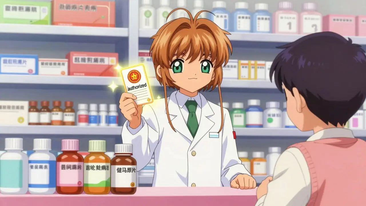 Friendly pharmacist explaining authorized generics to a patient in a magical pharmacy