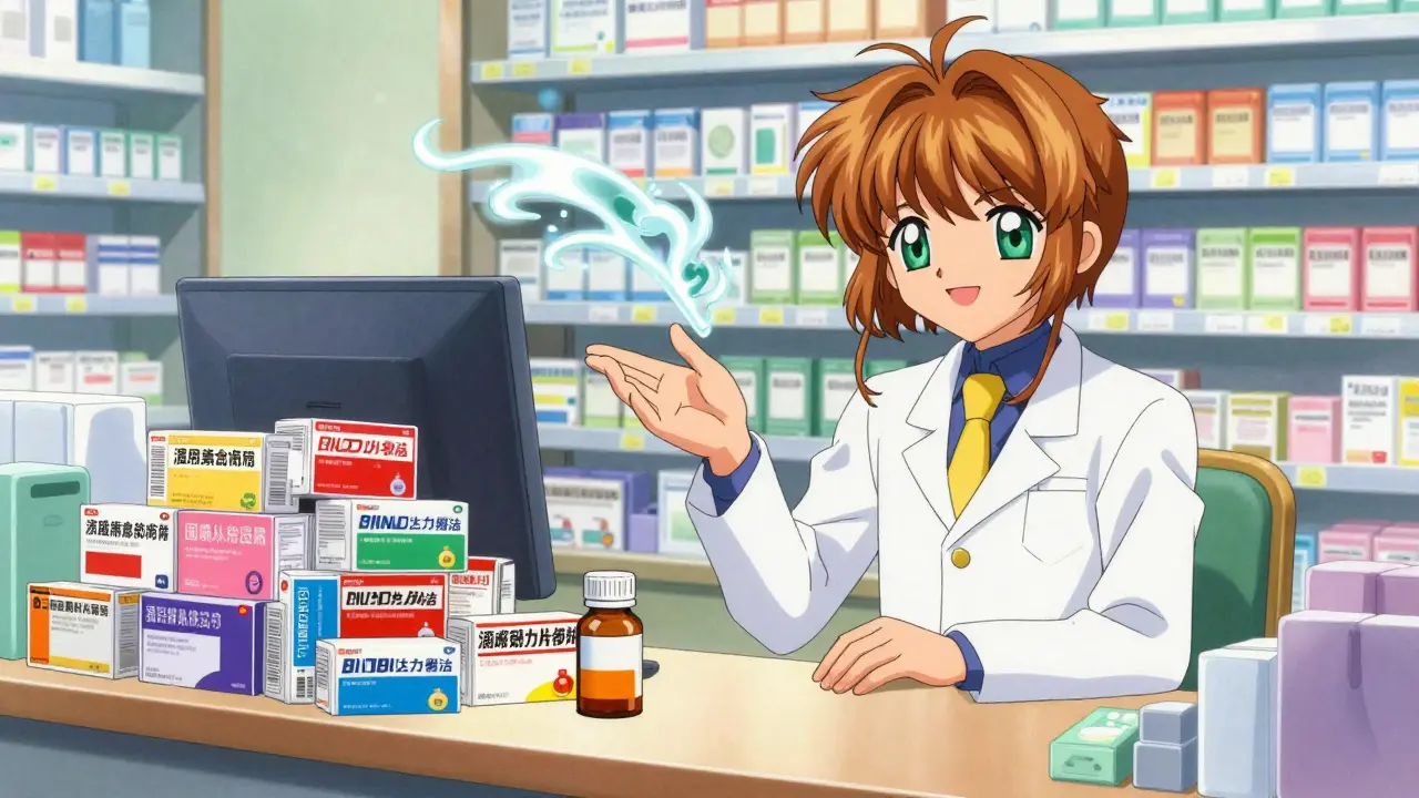 Friendly pharmacist recommending a single-ingredient pill amidst swirling magical winds.