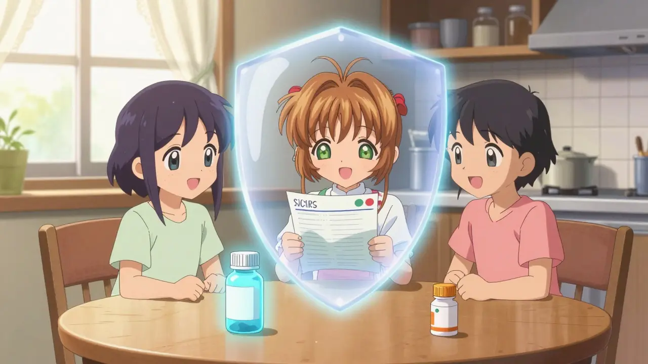 Happy family saving money on medication with a protective magical shield