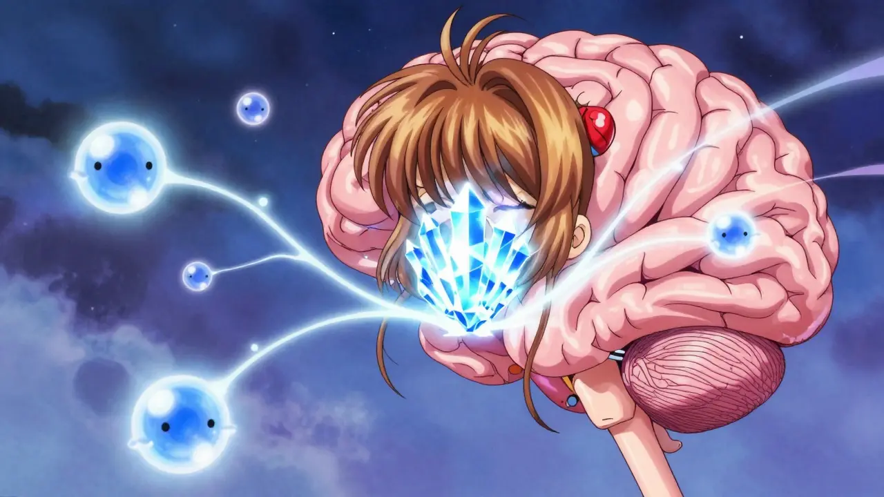 Magical anime depiction of pituitary gland and hormones