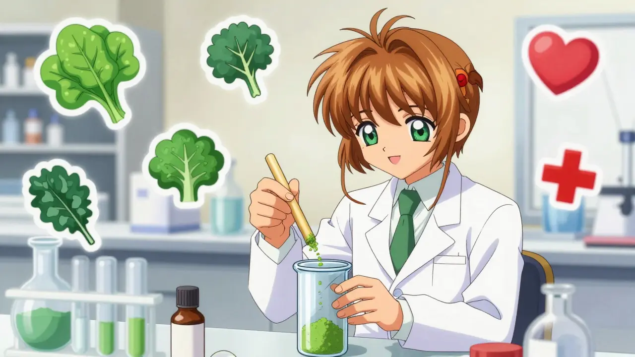 Magical anime pharmacist mixing green vitamin powder in a lab