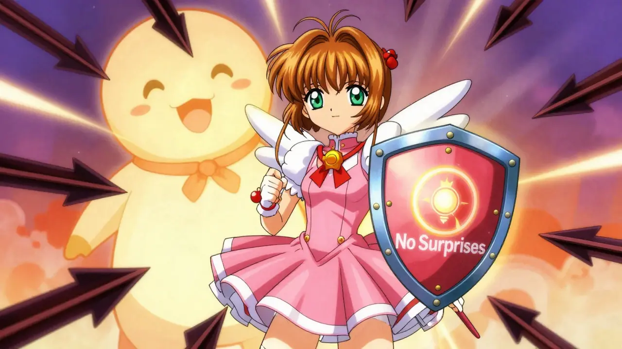 Magical girl blocking surprise medical bills with shield