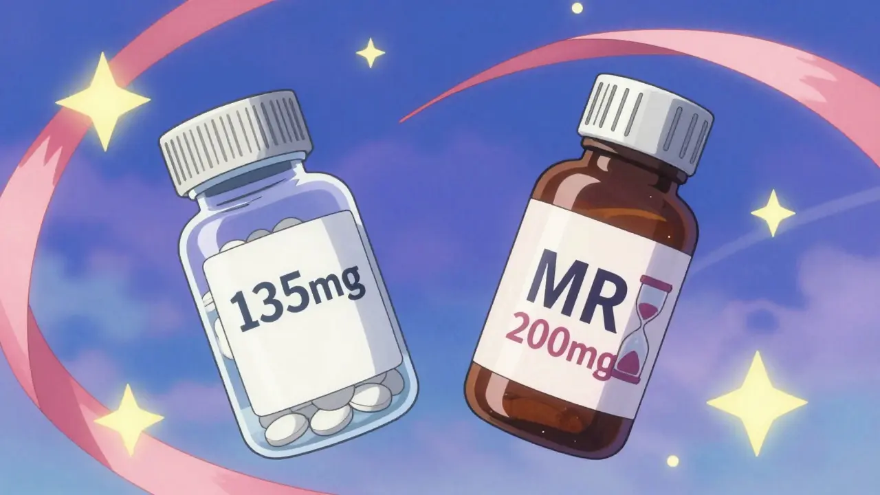 Magical illustration comparing immediate and extended release medication bottles