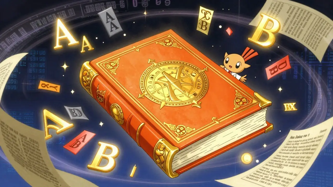 Magical orange book with floating alphanumeric drug codes like AA and BD in an anime style.