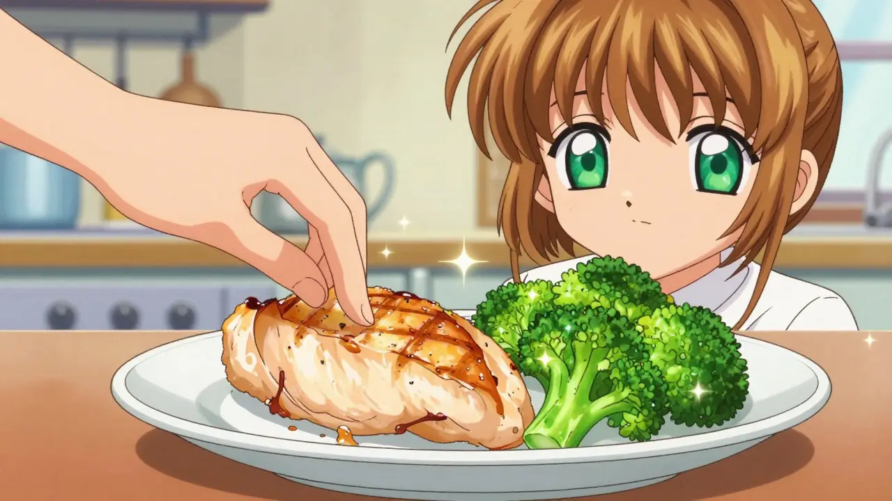 Manga style close-up of protein-rich food with magical sparkles