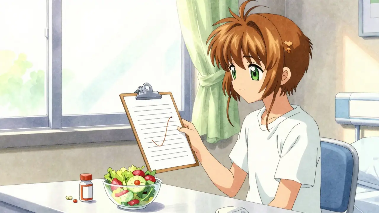Peaceful anime patient reviewing stable health chart by window