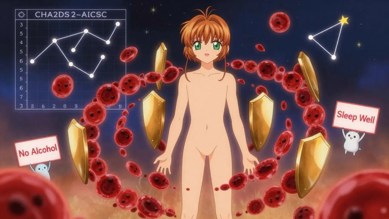 Protective magical shield against blood clots with lifestyle tip spirits in Cardcaptor Sakura style.