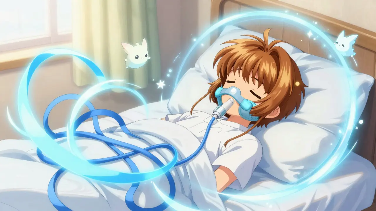 Sleeping character protected by a glowing blue barrier representing CPAP therapy