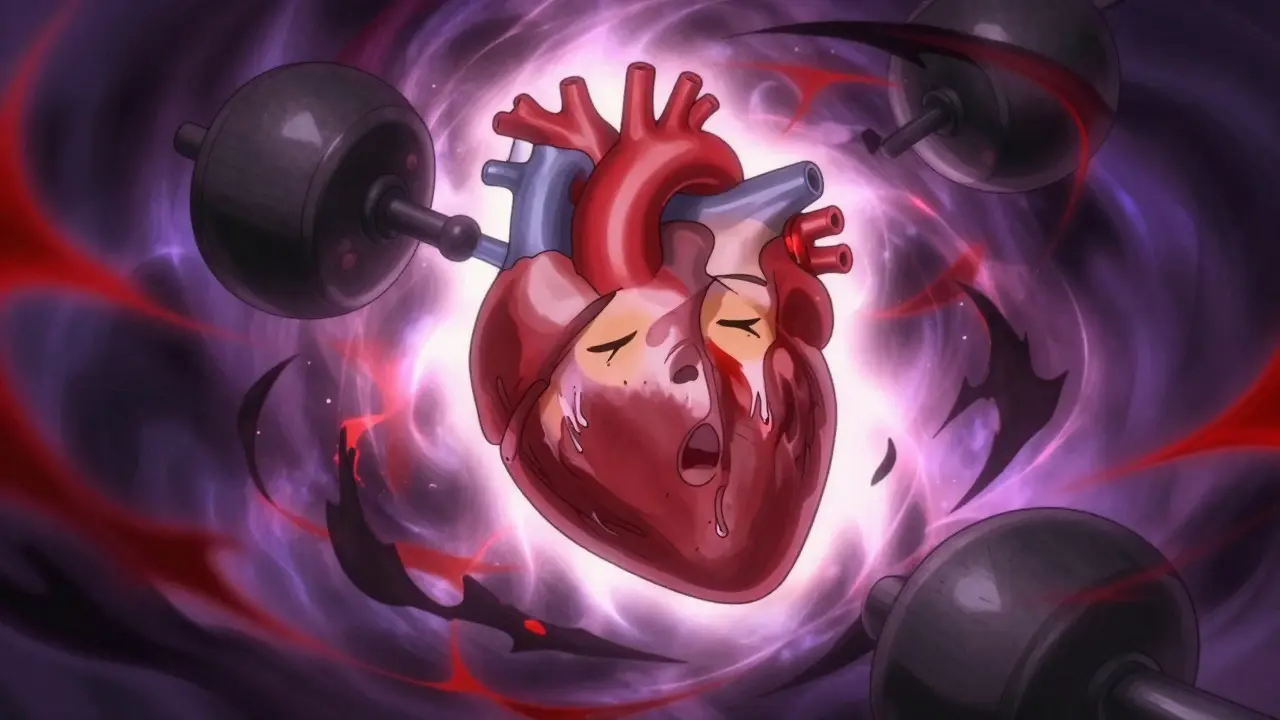 Stressed heart character fighting dark shadows of high blood pressure in anime style