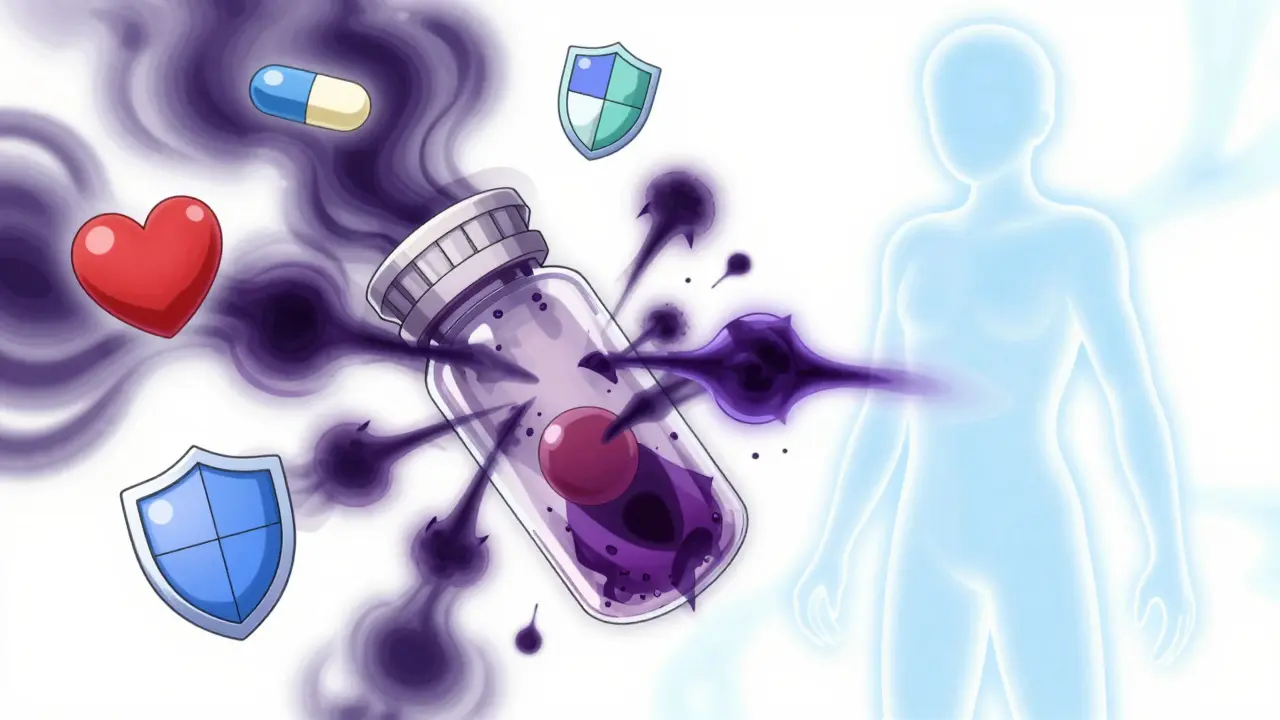 Stylized pills releasing shadowy antibodies in anime style