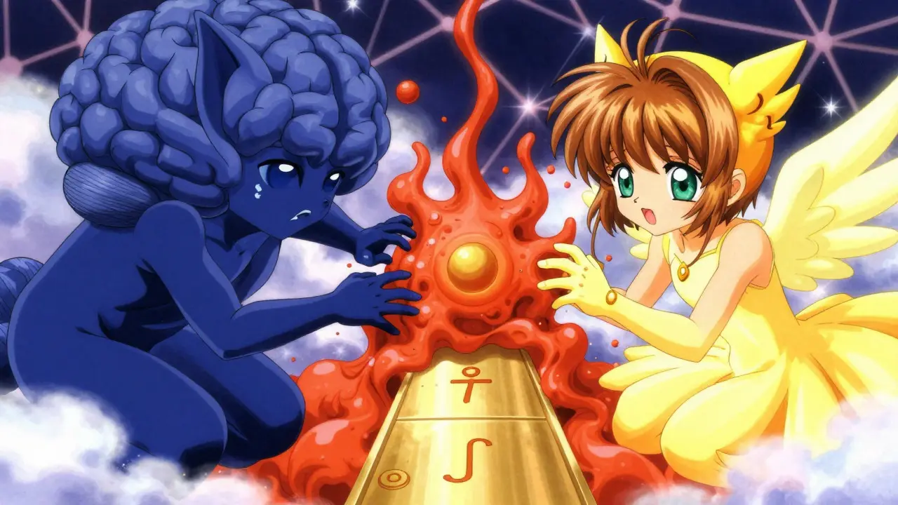 Two magical spirits colliding to block a golden pathway in the brain.