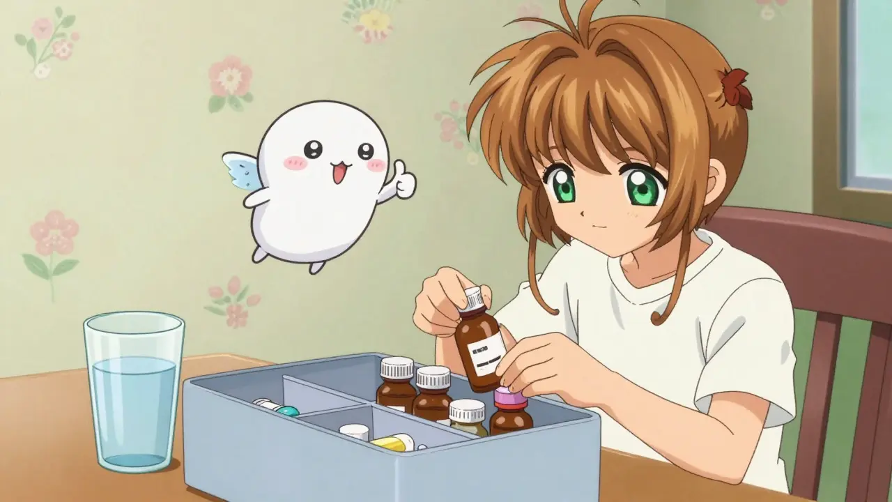 Anime character organizing medicine bottles with a glass of water