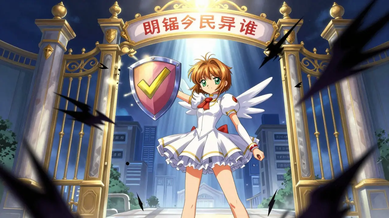 Anime character shielding against scams at online pharmacy gate
