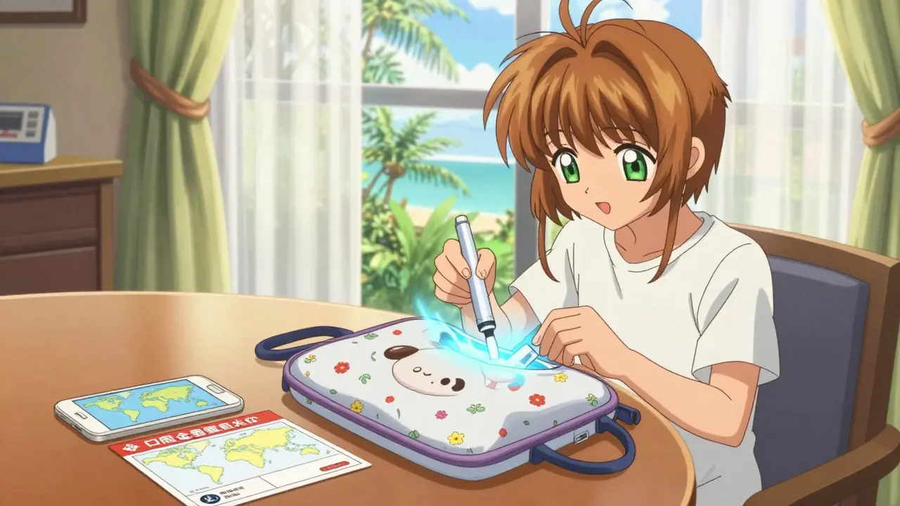 Anime girl packing cooling pack for medicine in tropical hotel