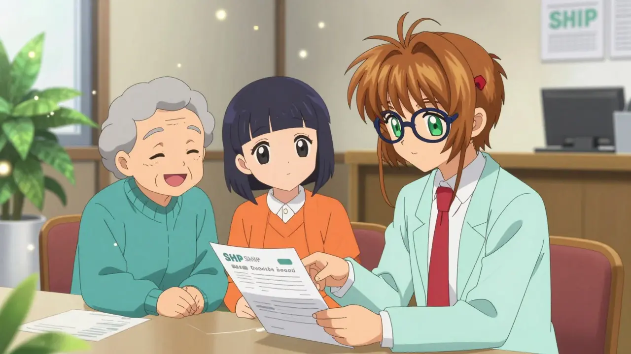 Counselor helping an elderly couple with forms in a bright office