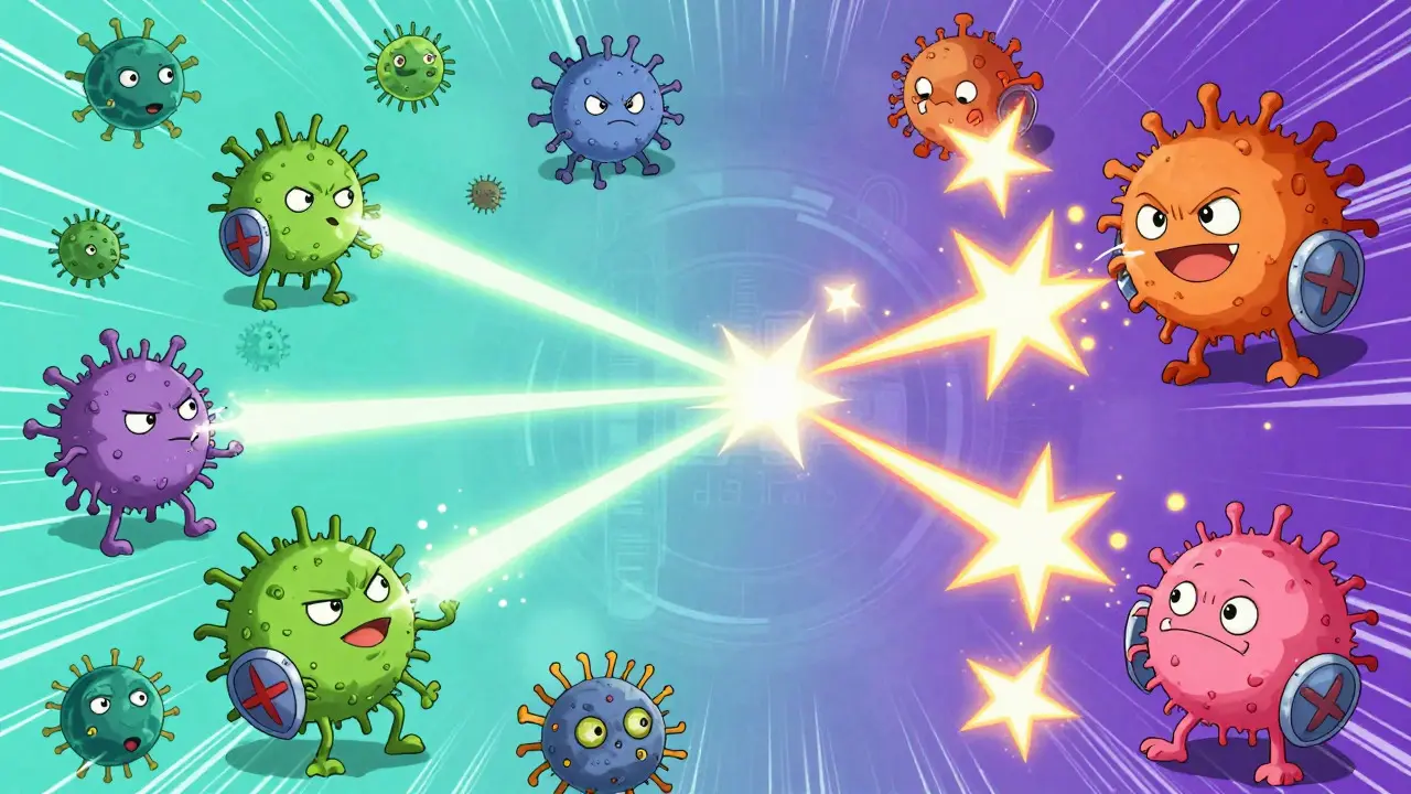 Cute bacteria resisting weak magic beams while fresh meds destroy others.