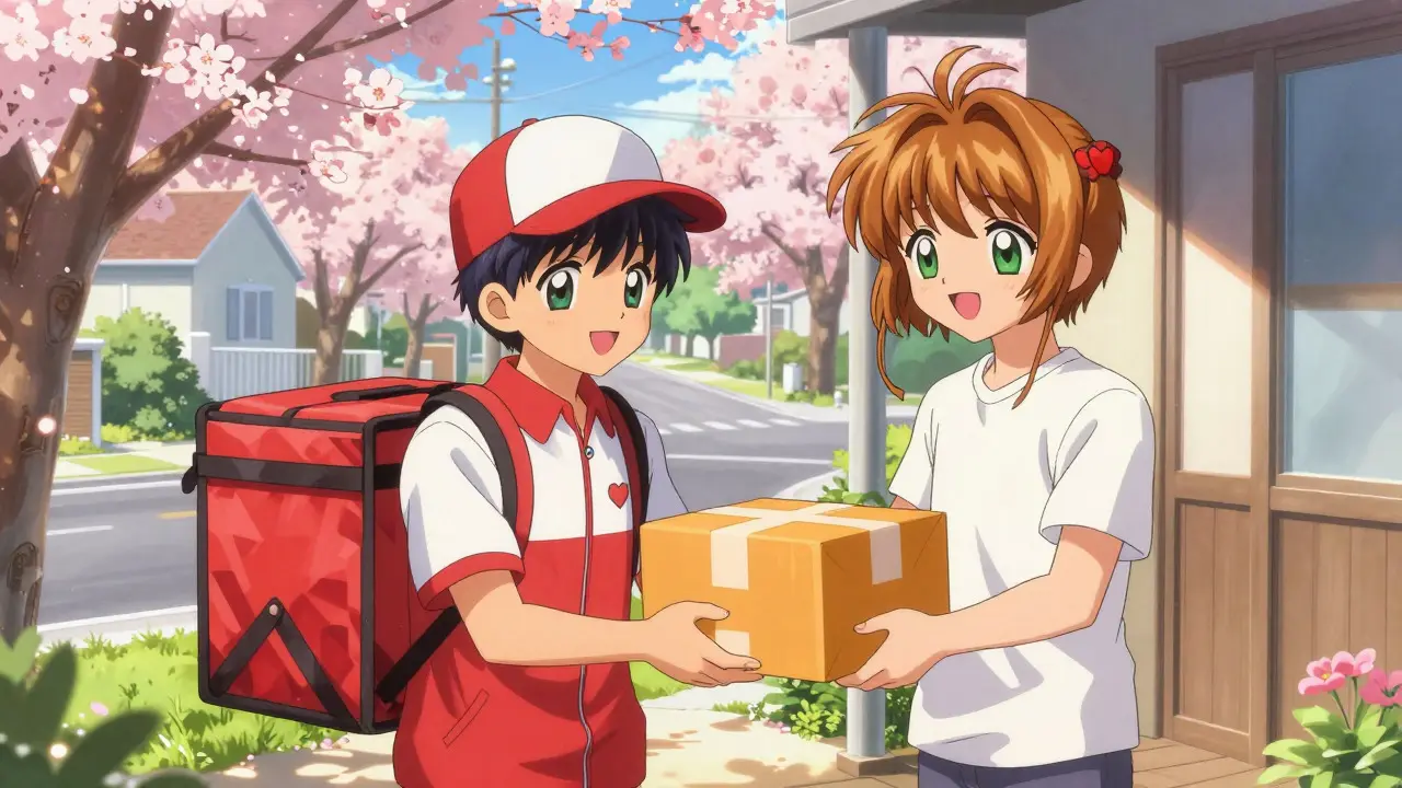 Delivery person handing package to customer in anime style
