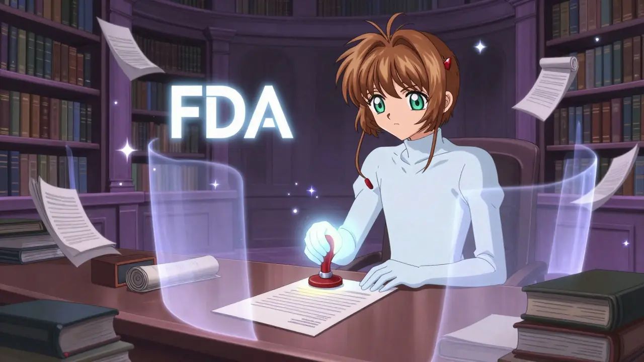Ghostly FDA figure stamping approval behind translucent legal barriers