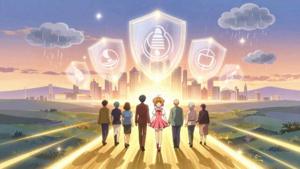 Group walking on a glowing path toward a city under protective shields
