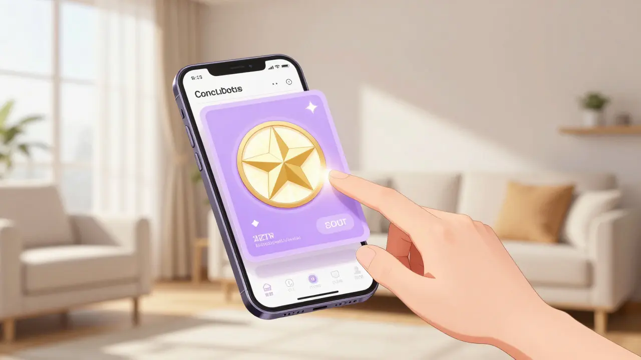 Magical coupon card floating near a smartphone in anime style