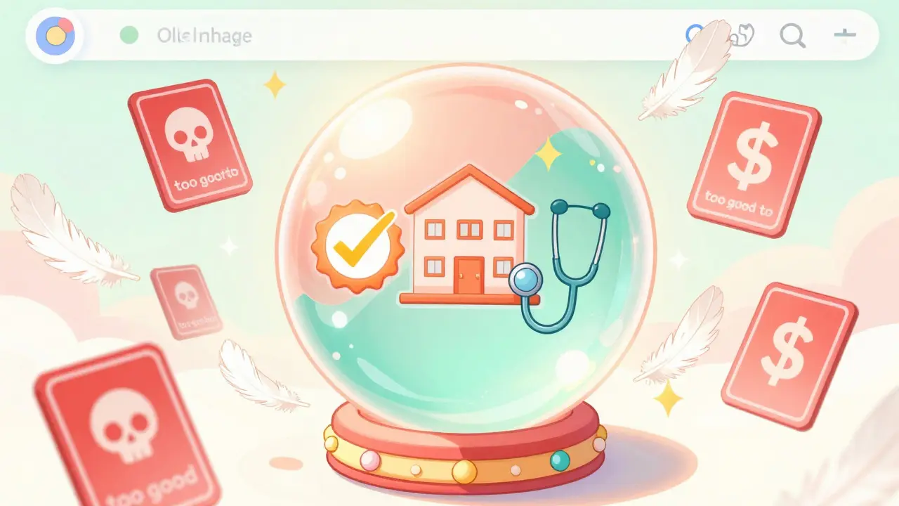 Magical orb showing trusted pharmacy seals vs scam warnings
