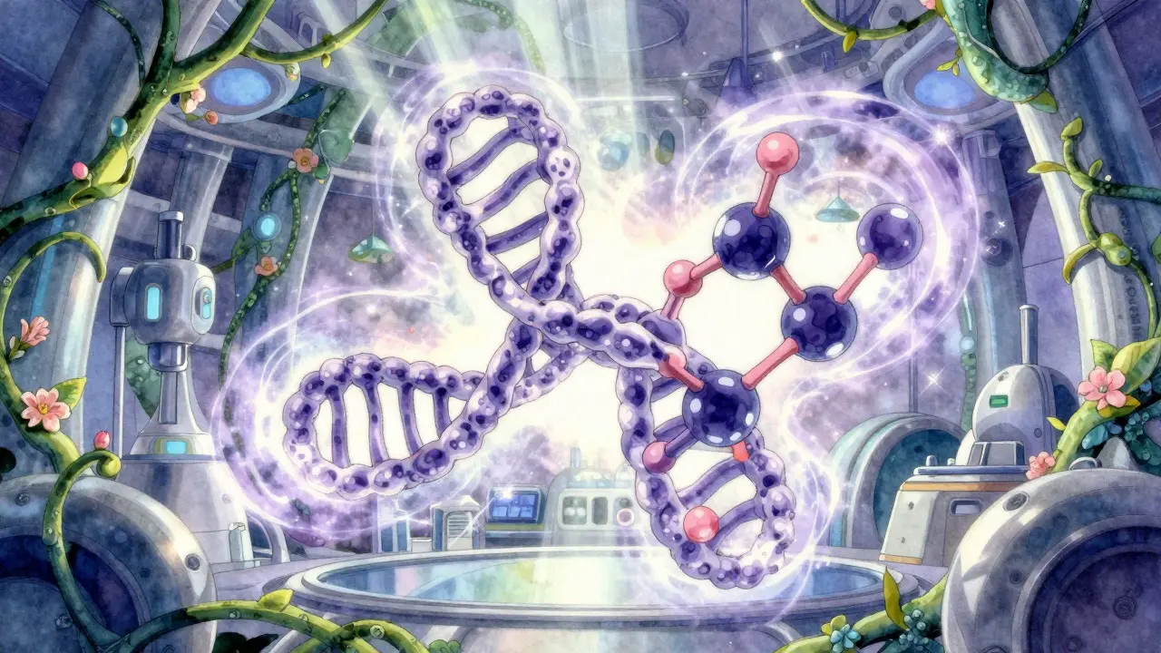 Magical transformation of a complex biological molecule in a whimsical laboratory setting
