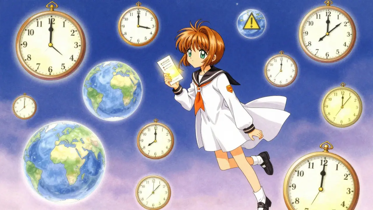 Manga character navigating time zones and travel laws magically