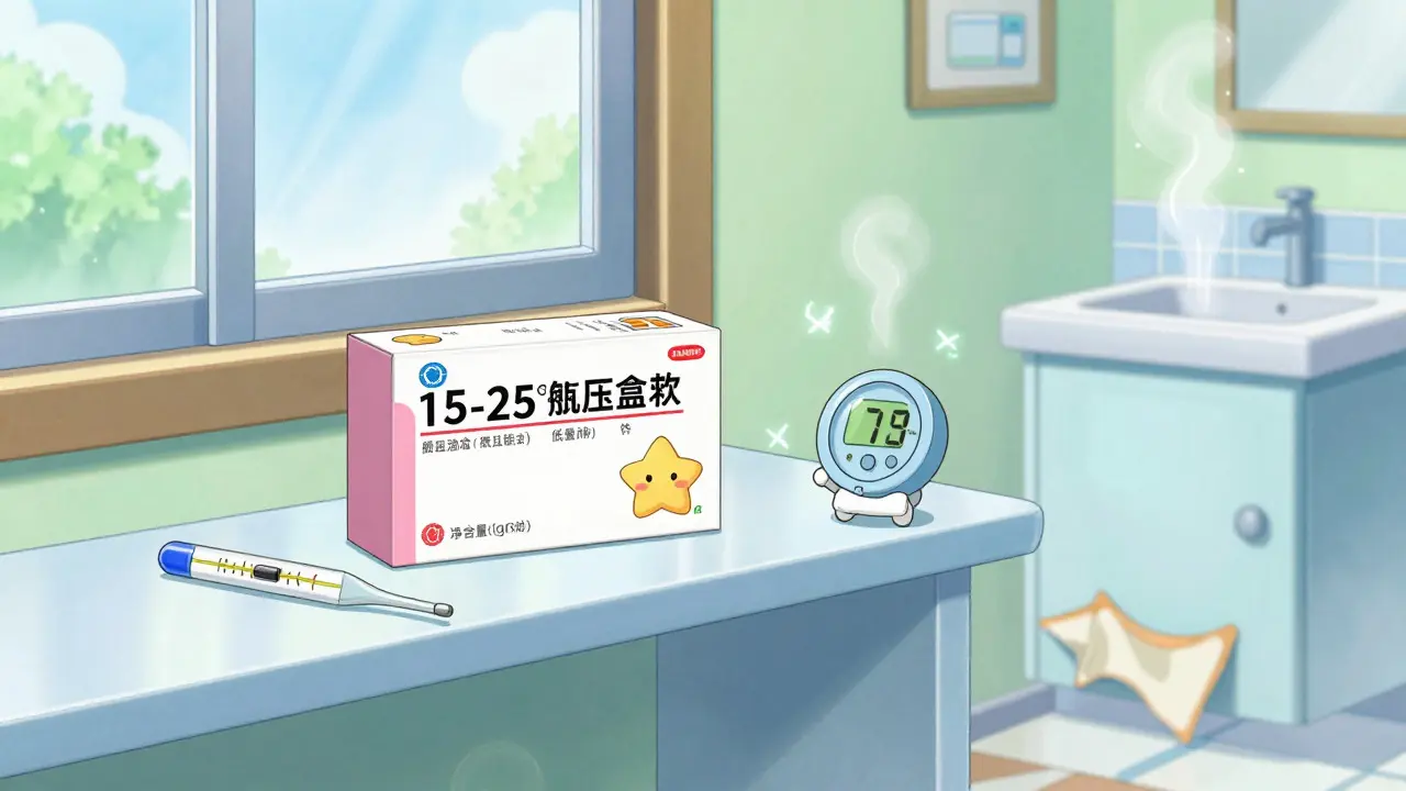 Medicine stored safely on a cool shelf with a mascot monitoring temperature.