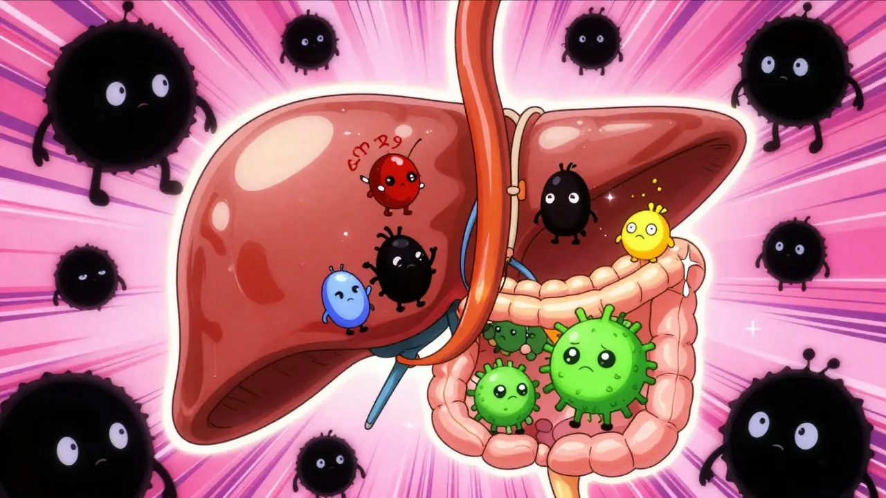 Whimsical anime depiction of drug interactions in the body